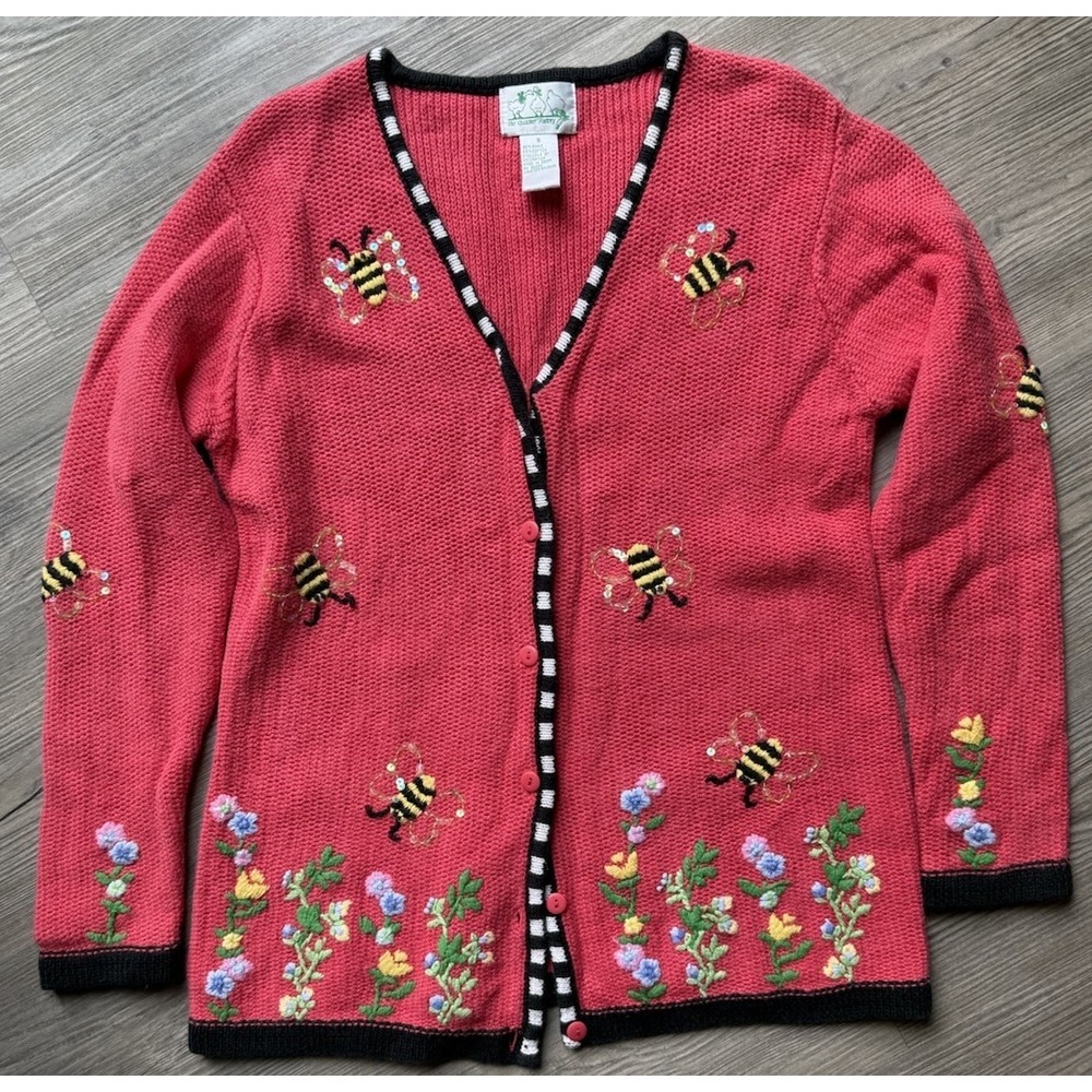 Quacker Factory Bee Cardigan Womens S Red Embroidered Bee Cottagecore Sweater